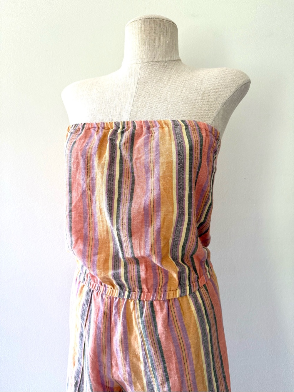 Anthro Drew Emerson XS Linen Strapless Tulip Split Leg Rainbow Striped Jumpsuit - Picture 7 of 15